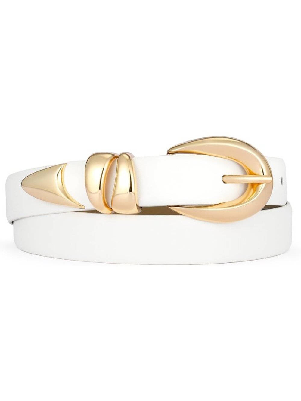 Women's White Leather Adjustable Waist Belt For Jeans Dresses With Gold Buckle